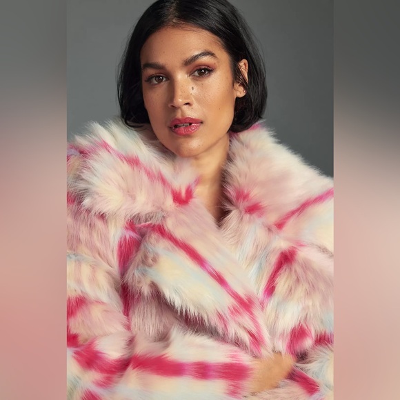 NVLT Anthropologie Tartan Plaid Faux Fur Coat - Pink and White - Picture 2 of 15